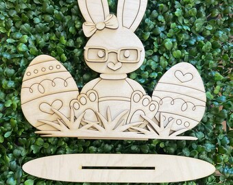 Easter DIY wood sign - Standing Bunny Big Ears unfinished shelf sitter door hanger wall decor craft supply sign kit round wreath sign