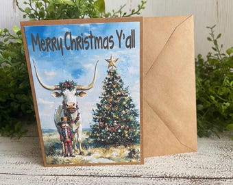 Texas Christmas Greeting Card - Blank note card Lone Star State Texan TX Merry Texmas Y’all love from rustic country Longhorn  western tree