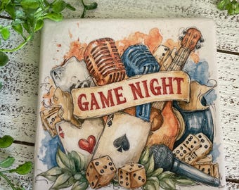 Game Night coaster - home decor accent table top shelf sitter party favor gift hostess friend tiles