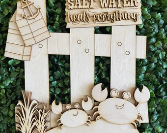 Fence DIY wood sign - Saltwater heals everything unfinished cut out door hanger wall decor craft supply sign kit blanks round wreath beach