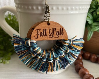 Fall Fringe Earrings - dangle statement wood favor gift hoop boho navy cream off white gold teal green y’all Texas southern