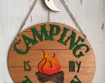 Camping wood sign - Camping is my Therapy hand painted finished door hanger wall decor round wreath sign leaner display shelf sitter
