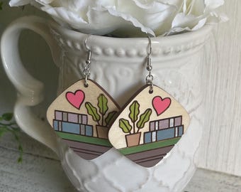 Book earrings - Book Stack Reading chapter book lover Wood dangle statement hand painted one more chapter gift present friend favor