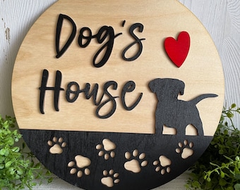Dog wood sign - Dog Welcome dog house finished cut out door hanger wall decor round wreath sign