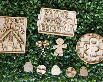 Christmas DIY wood tiered tray set- Gingerbread Baking Spirits unfinished cut out hanger wall decor craft supply sign kit blanks wreath sign