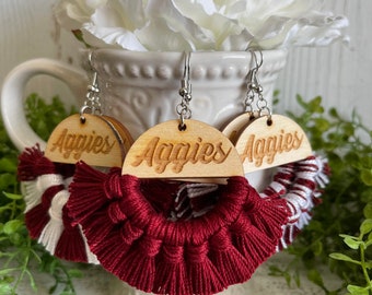 Aggies earrings - dangle statement fringe wood High School Pop Warner Flag Sports