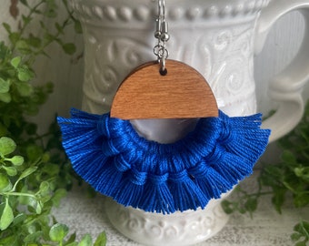 Blue Fringe Earrings - dangle statement wood favor gift hoop boho handmade jewelry