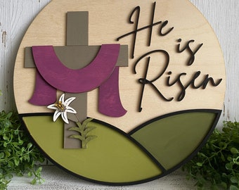 He is Risen wood sign -  finished hand painted wall decor sign kit round wreath sign Easter shelf sitter leaner vignettes tiered tray lent