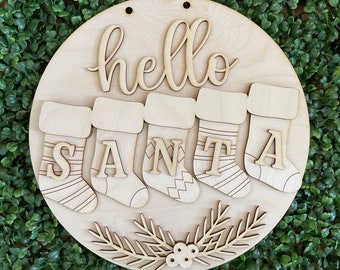 Christmas DIY wood sign -  Hello Santa Stockings winter unfinished cut out door hanger wall decor craft supply kit blanks round wreath