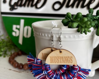 Mustangs earrings - dangle statement fringe wood High School Pop Warner Flag Sports team spirit fan