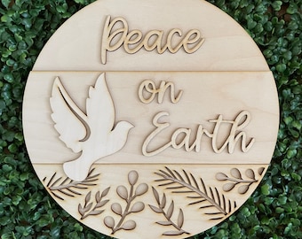 Christmas DIY wood sign - Peace on earth unfinished cut out door hanger wall decor craft supply kit blanks round wreath
