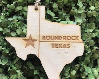 Round Rock Texas Tag Ornament - City hometown TX souvenir keepsake memory state 2023 wood laser engraved welcome gift home
