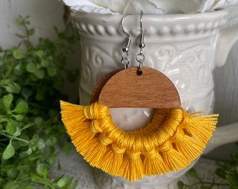 Yellow Fringe Earrings - dangle statement wood favor gift hoop boho oak stain