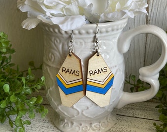 Rams earrings - white yellow blue dangle statement wood USA America Patriotic handmade jewelry