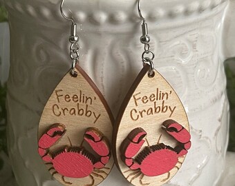 Crab earrings - Wood dangle statement hinge crab coastal ocean sea lake feeling crabby