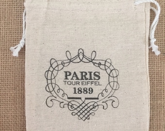 Paris Print - Drawstring Cotton Bag - Perfect for gifts and favors 4.25" x 6"