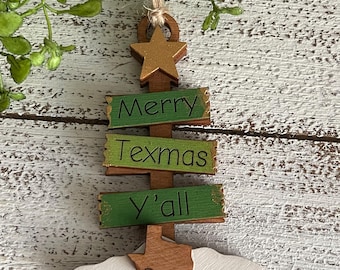 Texas Ornament - Merry Texmas wood slat rustic country western gold star