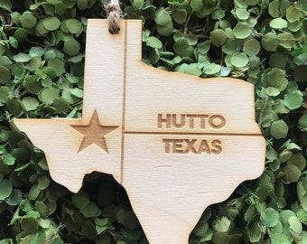 Hutto Texas Tag Ornament - City hometown TX souvenir keepsake memory state 2022 wood laser engraved welcome gift home