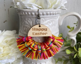 Happy Easter Fringe Earrings - dangle statement wood favor gift hoop boho Easter Faith Religious colorful whimsical
