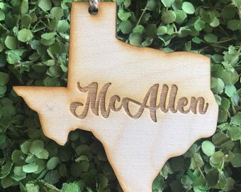 McAllen Texas Tag Ornament - City hometown TX souvenir keepsake memory state 2020 wood laser engraved skyline welcome gift home Mc Allen