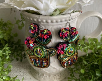 Cactus Earrings - fiesta green dangle statement resin favor gift colorful party beaded lightweight