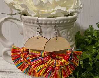 Carnival color Fringe Earrings - dangle statement wood favor gift hoop boho handmade jewelry pink aqua yellow red