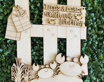 Fence DIY wood sign - Life is beach watch out for crabs unfinished cut out door hanger wall decor craft supply sign kit blanks round wreath