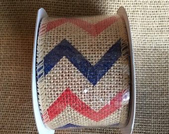 Blue Red chevron Burlap Ribbon 2.5" x 15ft Wedding Decor Jute Wreath Spring Summer July 4th Hero Military Memorial Day
