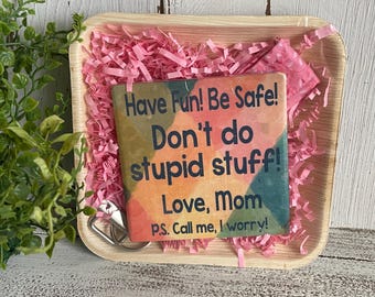 Graduation Gift Set - Call your mom coaster and key FOB wristlet - Dorm decor college going away present pink