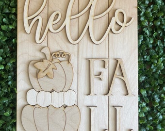 Fall DIY wood sign - Hello Fall Rectangle unfinished cut out home decor craft supply sign kit blanks autumn