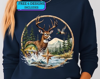 Ciervo, pato, pesca PNG / Diseño de sublimación de caza / Gráfico de camuflaje de ánade real para camisetas