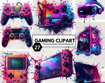 Conjunto de imágenes prediseñadas de videojuegos: PNG con estética de jugador neón para proyectos creativos y diseños digitales