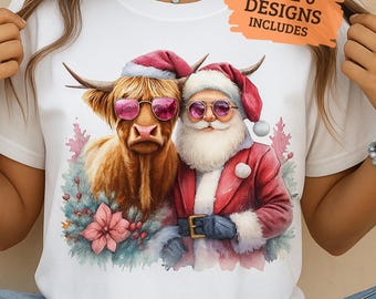 Vaca de las Tierras Altas Floral PNG de Papá Noel – Diseño navideño retro