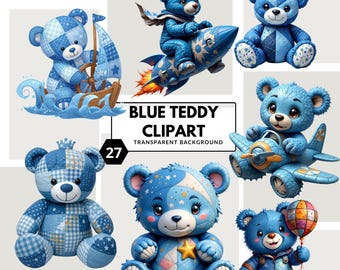 Conjunto de imágenes prediseñadas de osito de peluche azul: bonitos gráficos PNG para baby showers, decoración infantil y usos creativos.