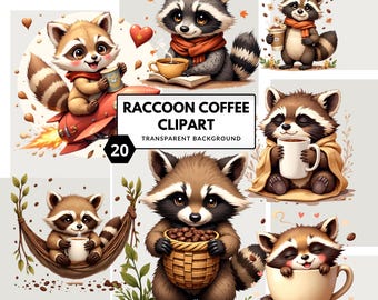 Paquete de imágenes PNG de mapaches con café, imágenes prediseñadas divertidas y adorables para camisetas, sublimación, pegatinas y diseños DIY.