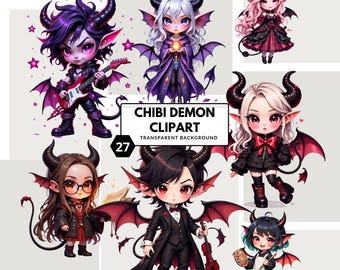 Conjunto de imágenes prediseñadas de demonios chibi: imágenes PNG demoníacas kawaii para diarios, álbumes de recortes y proyectos de fantasía.