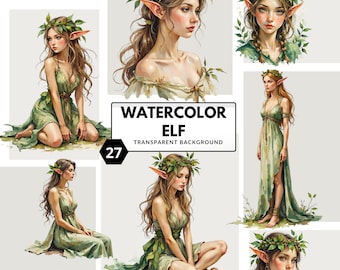 Clipart de elfos en acuarela: Bosque encantado PNG para revistas y manualidades de fantasía