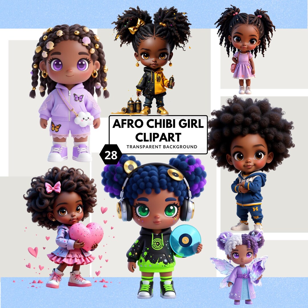 Afro Chibi Girl Clipart Set – Black Girl PNG Graphics for Collage ...