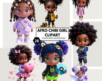 Conjunto de imágenes prediseñadas de chicas afro chibi: gráficos PNG de chicas negras para collage, agendas, manualidades con papel y diseño.