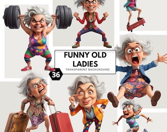 Conjunto PNG de ancianas divertidas: arte de abuelas encantadoras para scrapbooking y manualidades imprimibles