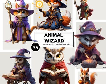 Clipart de mago animal PNG - Ilustraciones encantadoras de hechiceros para manualidades y sublimación