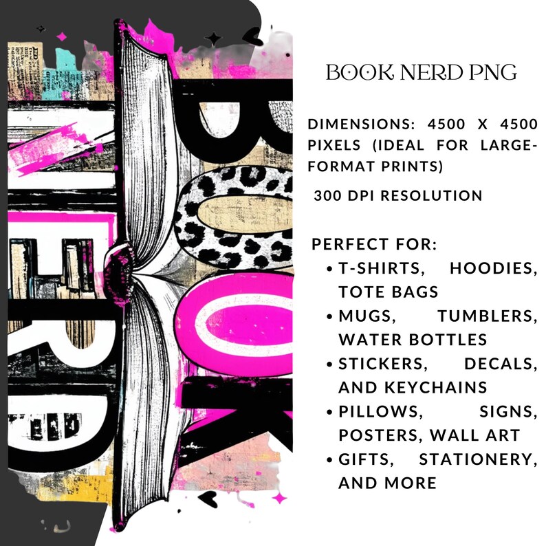 May include: A digital graphic design with the text "BOOK NERD PNG". The design features a stylized open book with the word "BOOK" in bold letters and the word "NERD" in a fragmented style. The color palette includes black, white, pink, and beige.