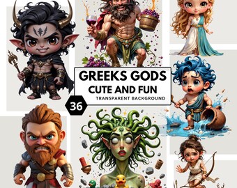 Imágenes prediseñadas de adorables dioses griegos: imágenes PNG de deidades olímpicas divertidas para proyectos de bricolaje