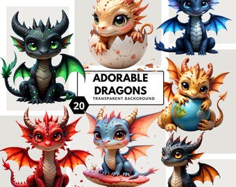 Adorables dragones PNG: imágenes prediseñadas de bebés dragón coloridos y adorables para proyectos de fantasía