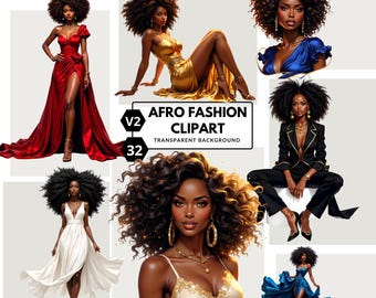 Imágenes prediseñadas de moda afro: Chica afro de estilo lujoso en formato PNG para sublimación y proyectos creativos.