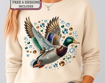 Mallard Duck PNG: Faux Rhinestone Flying Graphic for Sublimation & Hunters