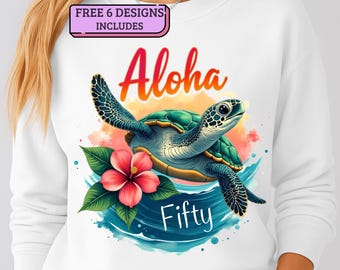 Cumpleaños Aloha PNG / Diseño de ola de hibisco y tortuga marina / Fiesta en la playa de Hawái Descargar