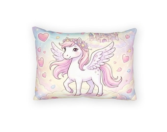 Pastel Winged Unicorn Pillow Sham | Cute Hearts, Castle Background