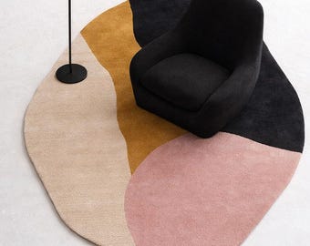 Tappeto moderno con forma organica astratta, tuftato a mano, nero, rosa, senape, beige, tappeto di design per soggiorno, dimensioni personalizzate, 8x10, 9x12
