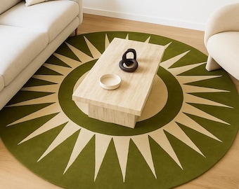 Sunburst Round Hand Tufted Rug | Modern Boho Circle Carpet | Sun Design Area Rug for Living Room | Custom Sizes Rug 5x5 8x8 10x10 12x12